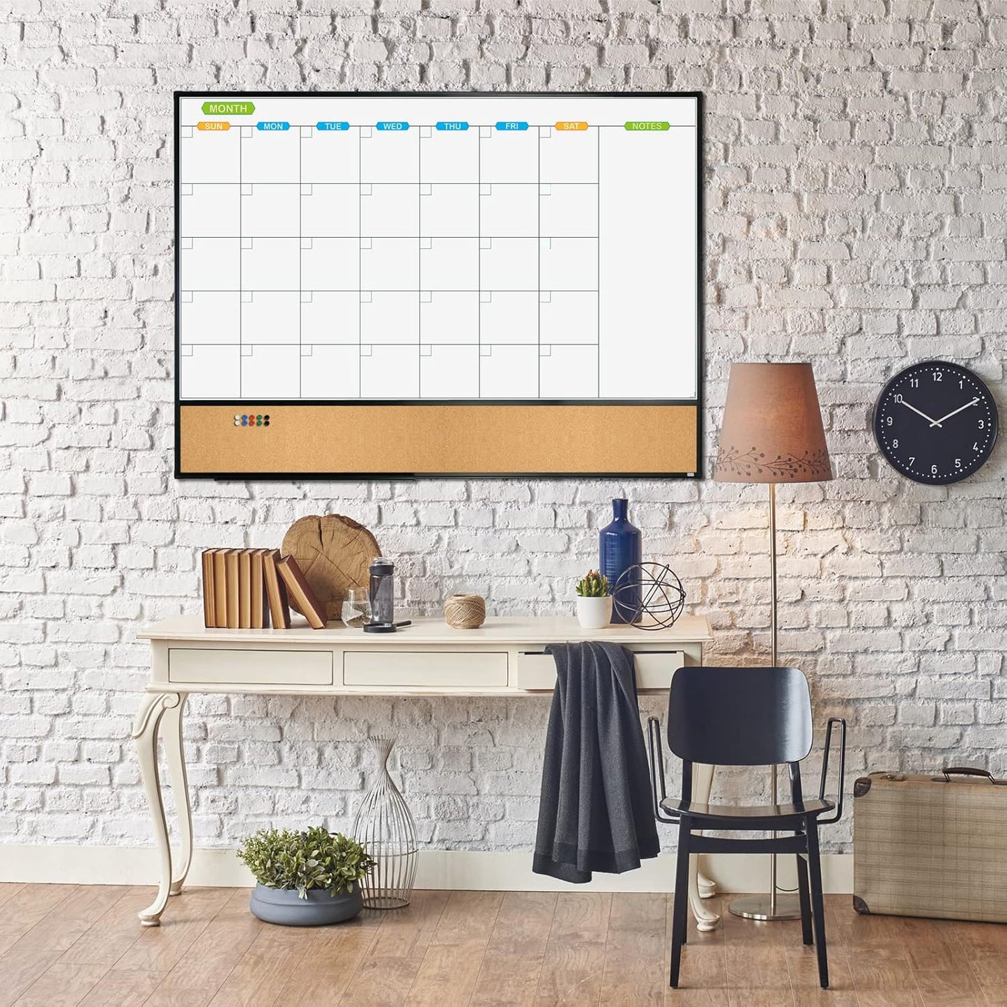 JILoffice Magnetic Calendar Whiteboard & Bulletin Corkboard Combination, Combo Board 48 x 36 Inch, Black Aluminum Frame Wall Mounted Board for Office Home and School with 10 Push Pins