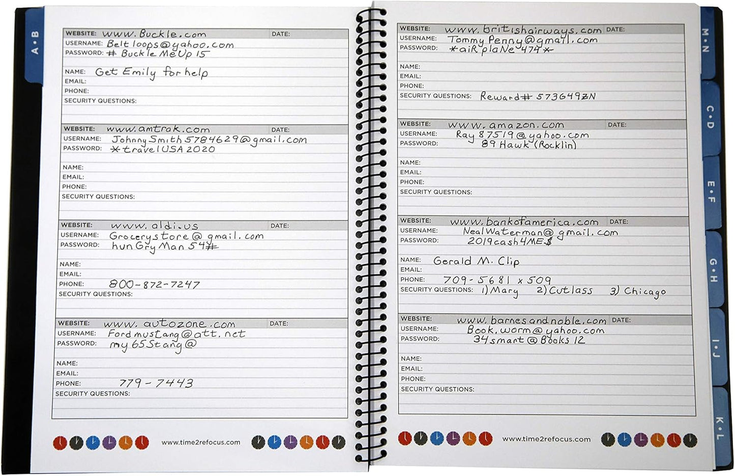 RE-FOCUS Password Book with Alphabetical Tabs 10"x7.5" Spiral Bound Credentials keeper Saves All Internet Login Details (Black)