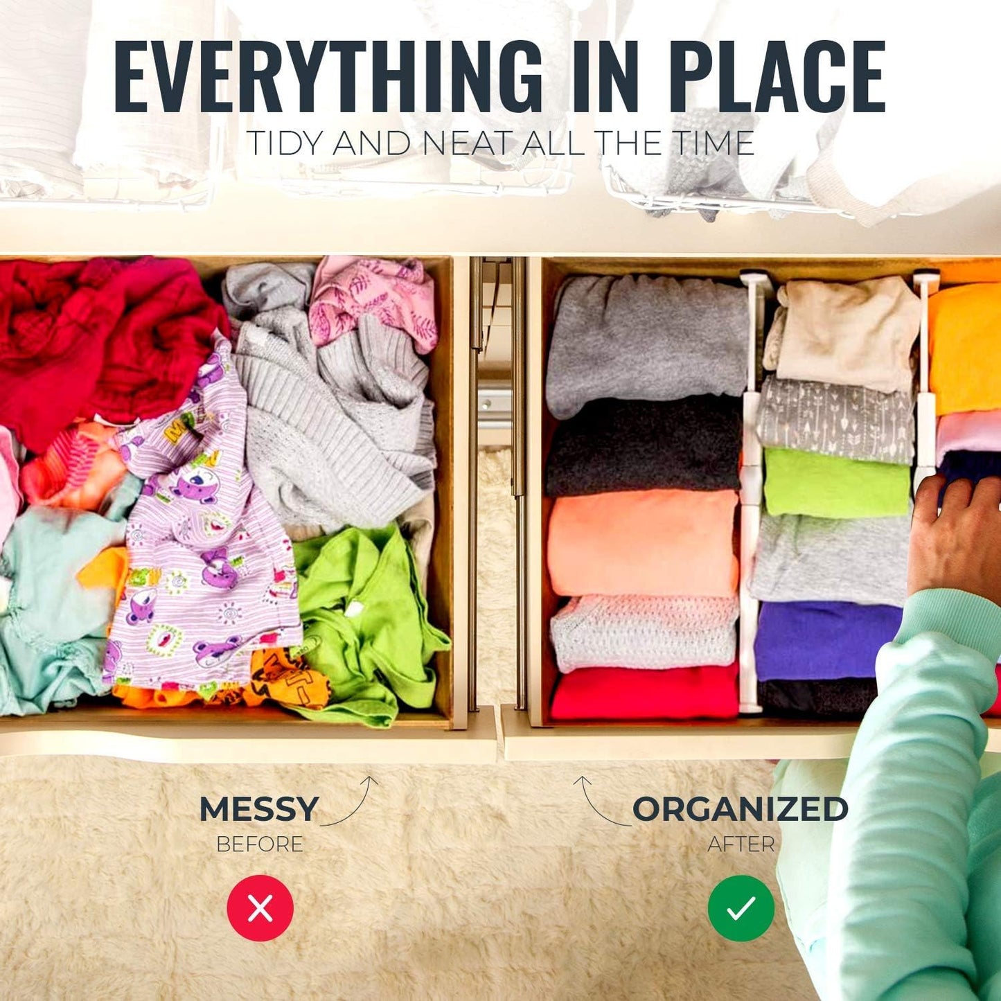 RAPTUROUS Adjustable Deep Drawer Divider – 5" Tall, Expandable 13-22", 4-Pack, Non-Slip Drawer Dividers for Clothes, Dresser, Kitchen & Office Organization (White)