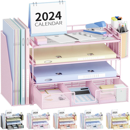 Desk Organizer and Accessories, 4-Tier Desktop File Organizer with Drawer and 2 Pen Holders, Office Desk Accessories for Office Supplies(Pink)