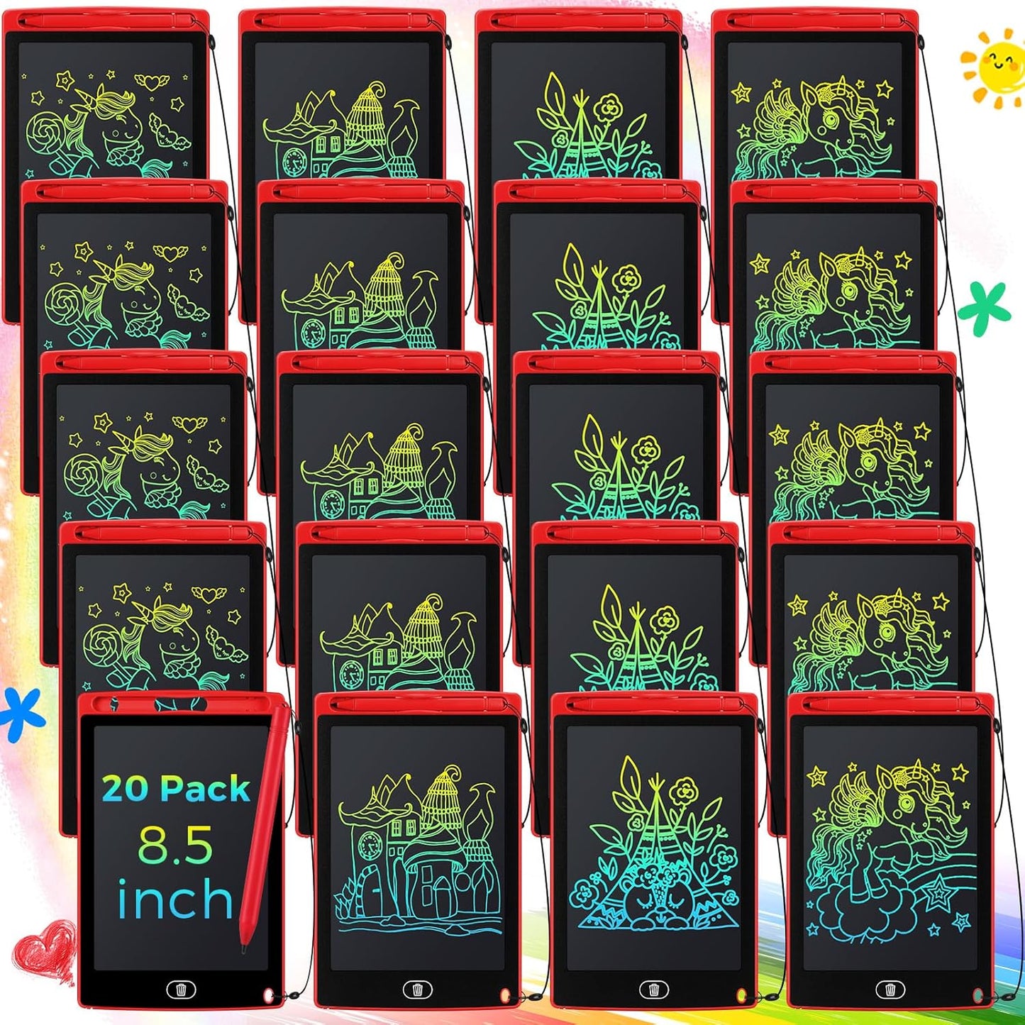 Zhehao 20 Pack LCD Writing Board for Kids, 8.5 Inches Doodle Reusable Screen Drawing Pad Erasable Painting Pads Educational Toy for 3-8 Years (Red)