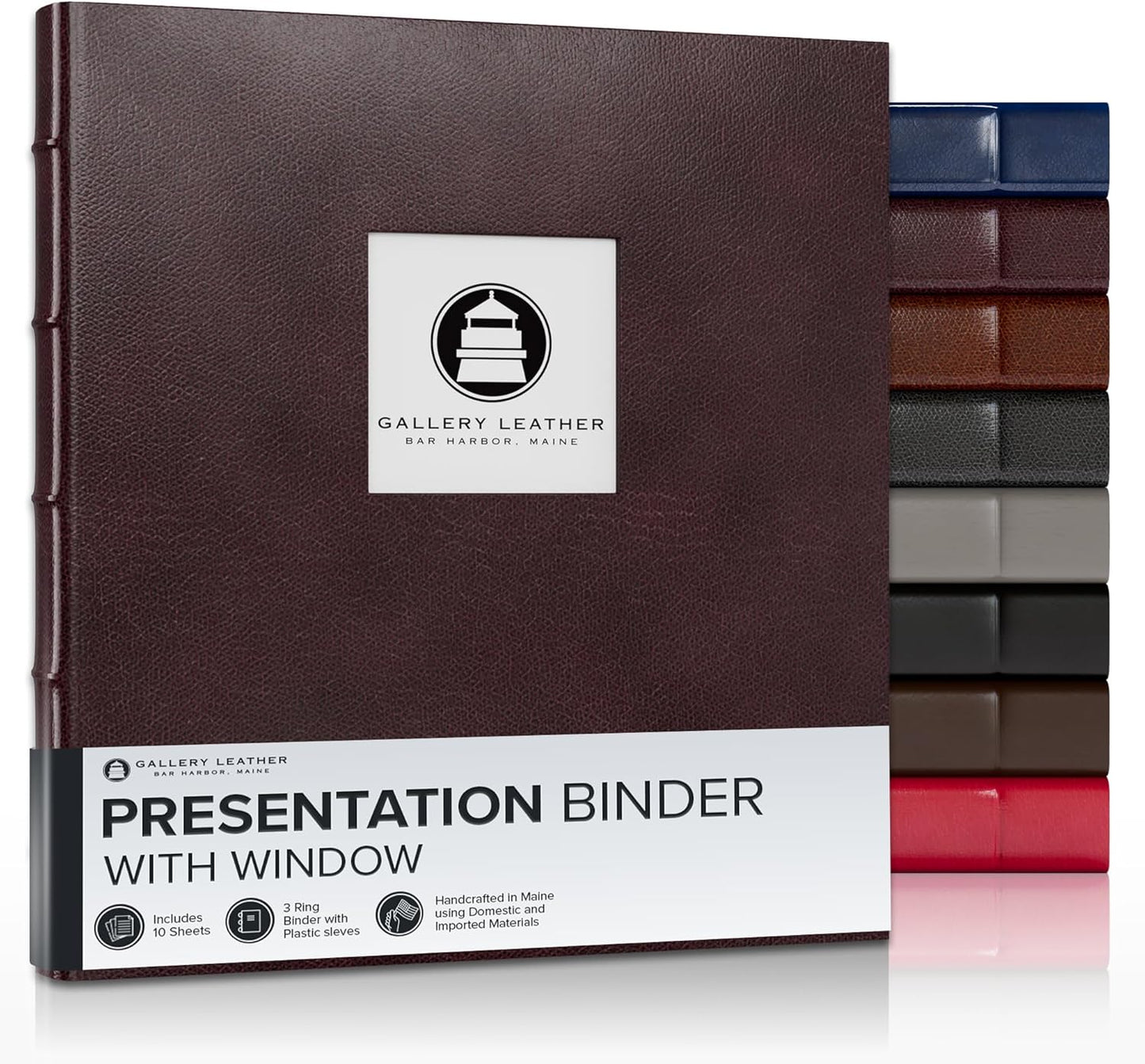 Gallery Leather 3 Ring Binder with Plastic Sleeves, Includes 10 Sheets, Sheet Size: 8.5" x 11" - Presentation Binder Rings with Window and Hubbed Spine, Thick: 1.25" Belfast Burgundy