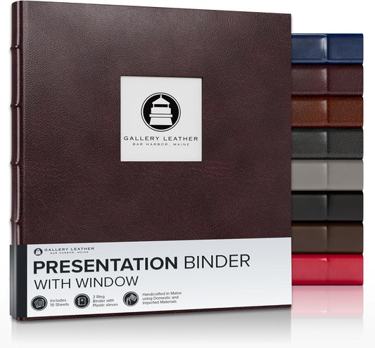 Gallery Leather 3 Ring Binder with Plastic Sleeves, Includes 10 Sheets, Sheet Size: 8.5" x 11" - Presentation Binder Rings with Window and Hubbed Spine, Thick: 1.25" Belfast Burgundy