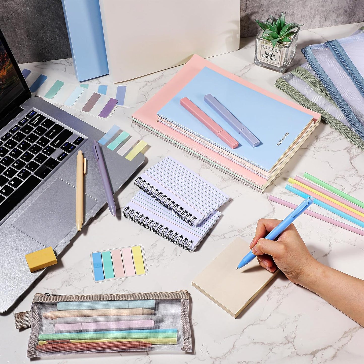 Colarr 54 Pieces Aesthetic School Supplies Including Pastel Highlighters Document Bags Pencils Notebooks Pencil Pouch Ink Pens Sticky Notes Erasers Back to School Gift Stationary Kit Supplies(Morandi)