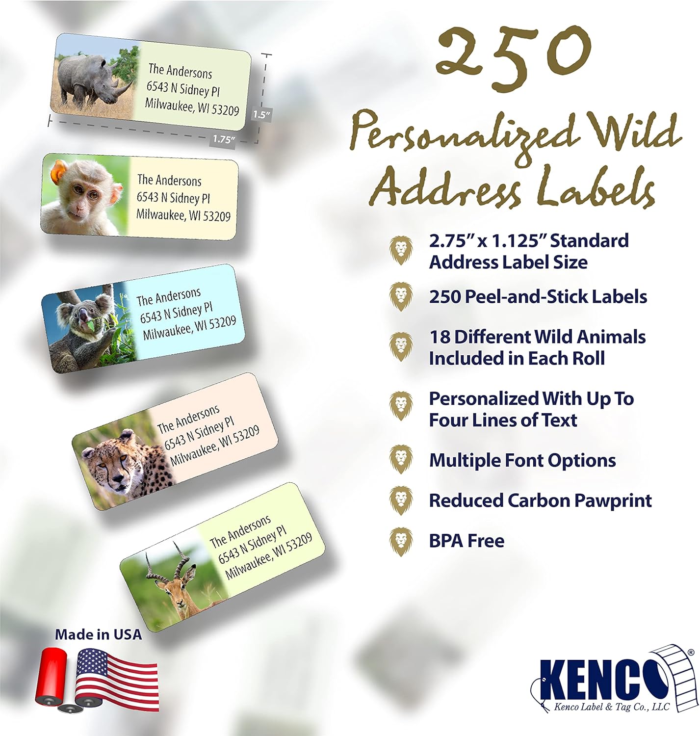 Customized Personalized Address Labels - Made in The USA by Kenco (Wild Animals, 250 Labels)