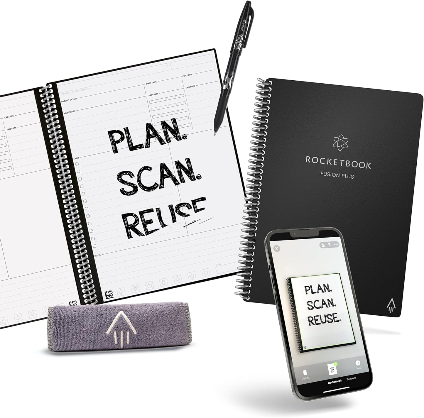 Rocketbook Smart Reusable Notebook, Fusion Plus Executive Size Spiral Notebook & Planner, Infinity Black, (6" x 8.8")