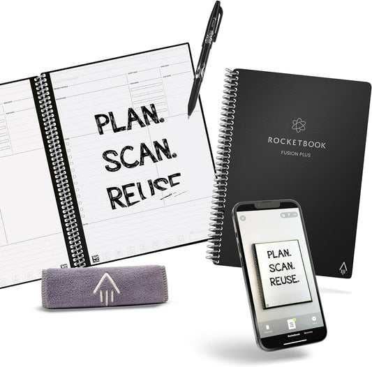 Rocketbook Smart Reusable Notebook, Fusion Plus Executive Size Spiral Notebook & Planner, Infinity Black, (6" x 8.8")