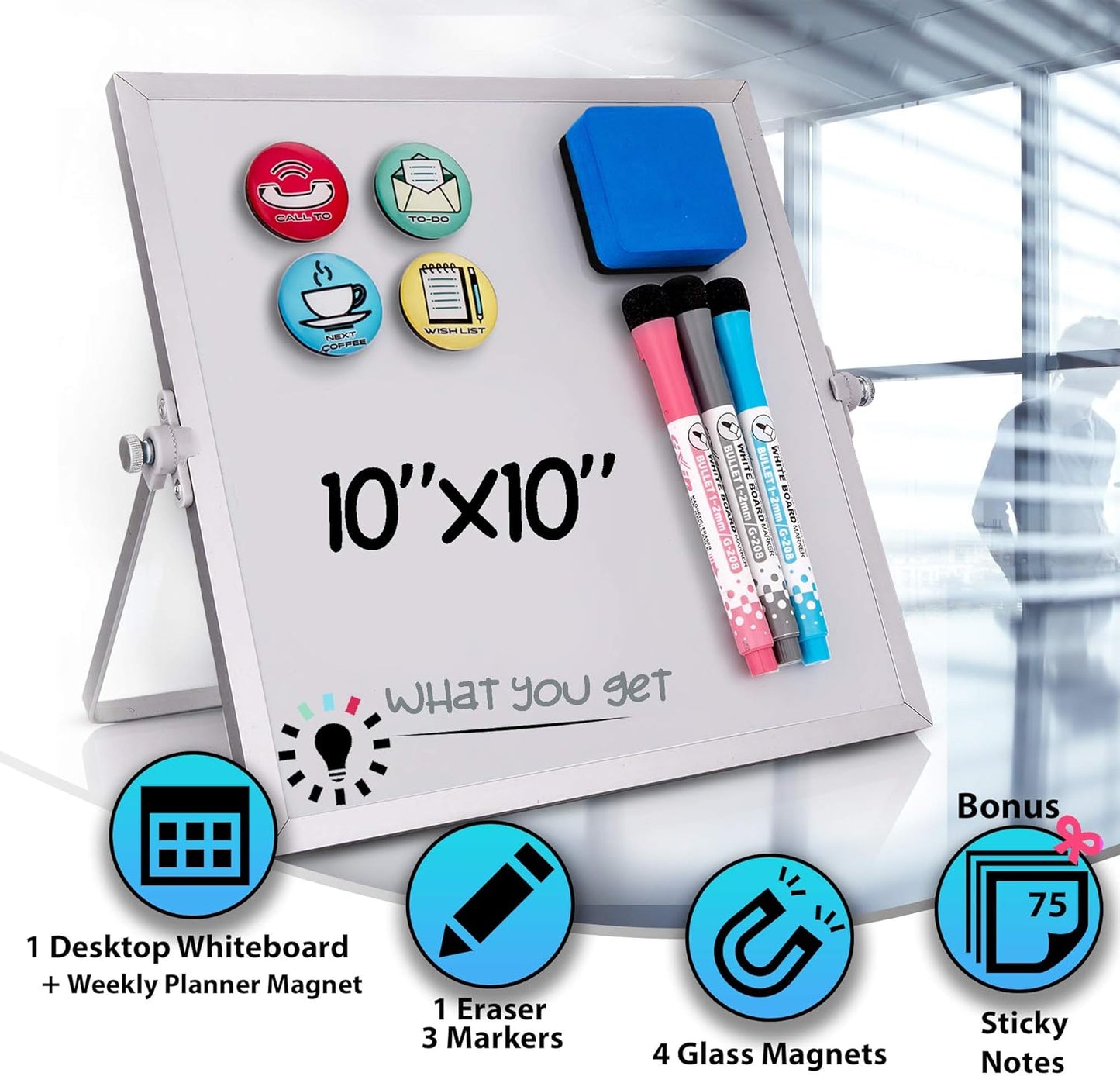 Small Desktop Weekly Planner White Board - Calendar 10"x10" Dry Erase Magnetic to Do List Board with Stand, 3 Markers, 4 Magnets, Eraser - Portable Tabletop Whiteboard for Home School & Office