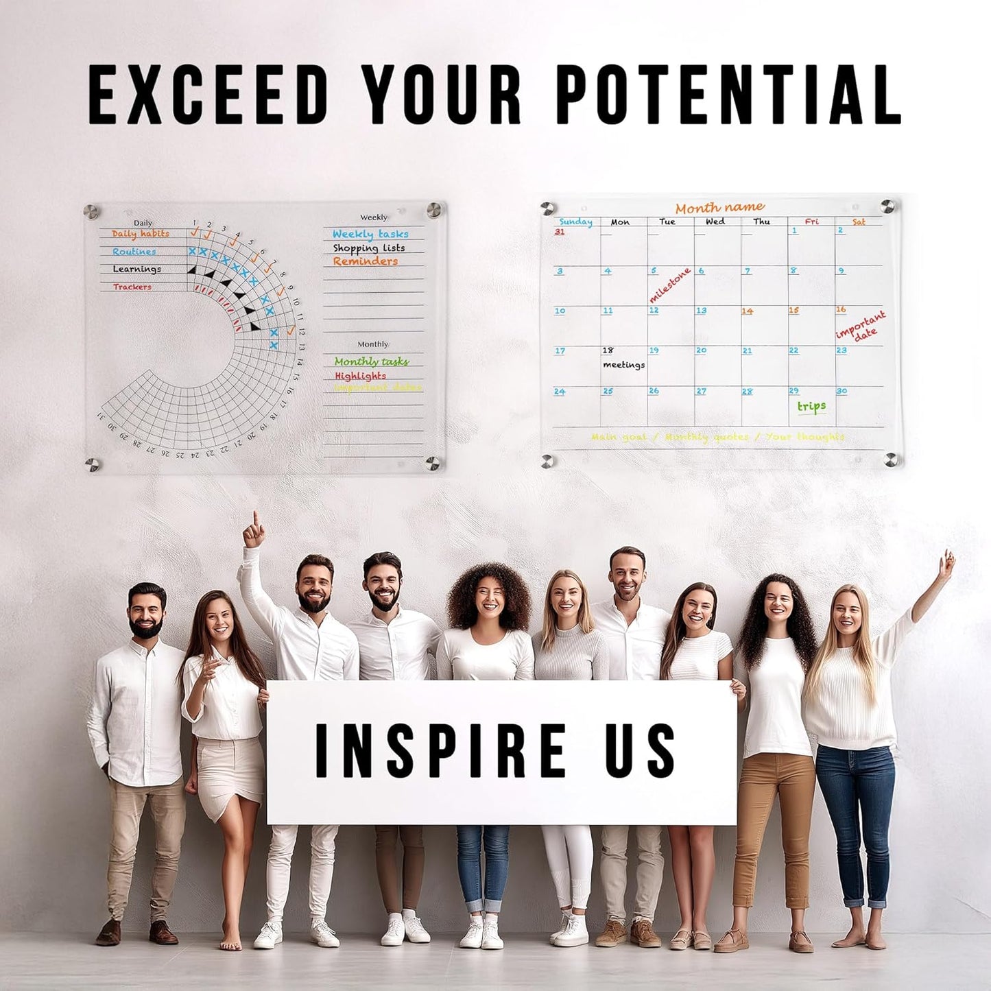 Acrylic Calendar and Habit Tracker Set - Magnetic Acrylic Calendar for Fridge - Clear Magnetic Planner for Refrigerator - Clear Dry Erase Board for Wall with pens, holder, eraser - The Goal Tracker