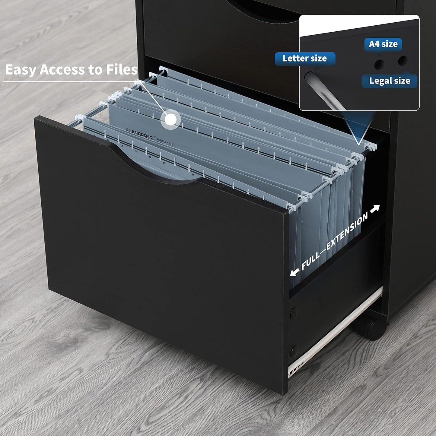 QDSSDECO 3 Drawer Mobile File Cabinet, Rolling Vertical Filing Cabinet fits A4, Legal Paper and Letter Paper for Home Office, Black