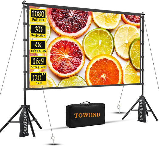 Outdoor Projector Screen with Stand, TOWOND 120 inch Portable Movie Screen, 16:9 HD Foldable Anti-Crease Projection Screen with Carry Bag for Home Theater Outdoor Indoor Support Double Sided