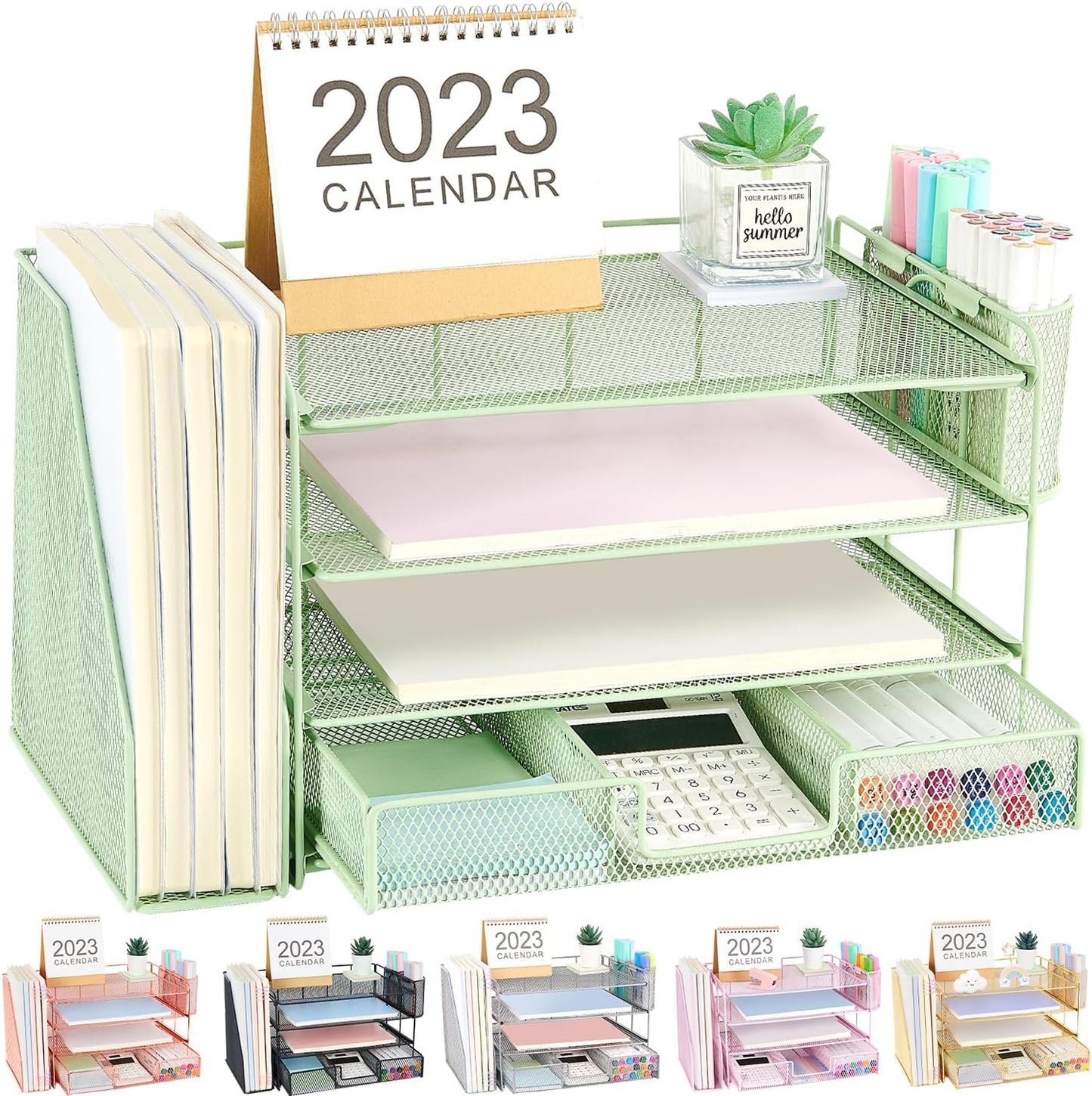 Desk Organizer and Accessories, 4-Tier Desktop File Organizer with Drawer and 2 Pen Holders, Office Desk Accessories for Office Supplies(Green)