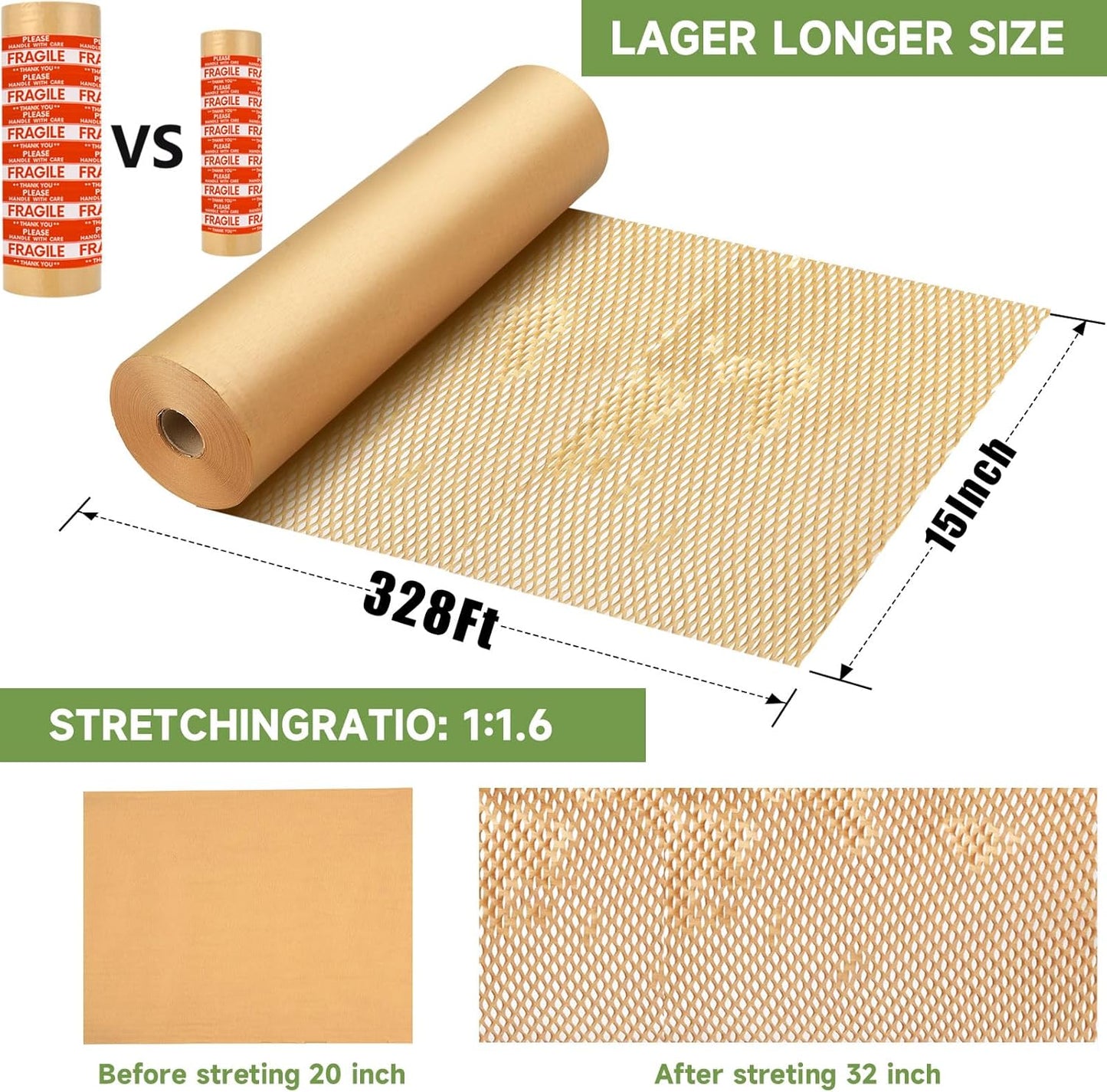 Honeycomb Packing Paper Wrap 15''x328', Substitute Alternative for Bubble Cushioning Wrap for Moving Shipping Packaging, Recyclable Moving Supplies with 48 Fragile Sticker Labels
