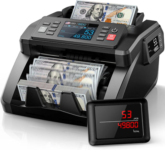 PONNOR N70 Mixed Denomination Money Counter Machine, Value Counting, Cash Counter with Three Displays, UV/MG/IR/MT Counterfeit Detection for Money Counting, Printer Enabled Bill Counter for Business