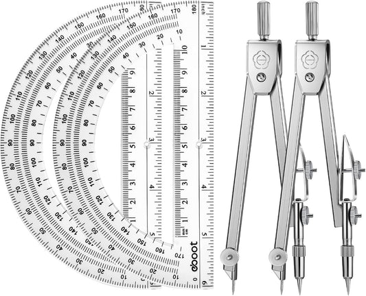 Zonon 2 Set Protractor and Compass Set, Student Geometry Math Set Drawing Compass and 6 Inch Clear Swing Arm Protractors 180 Degree Math Protractor