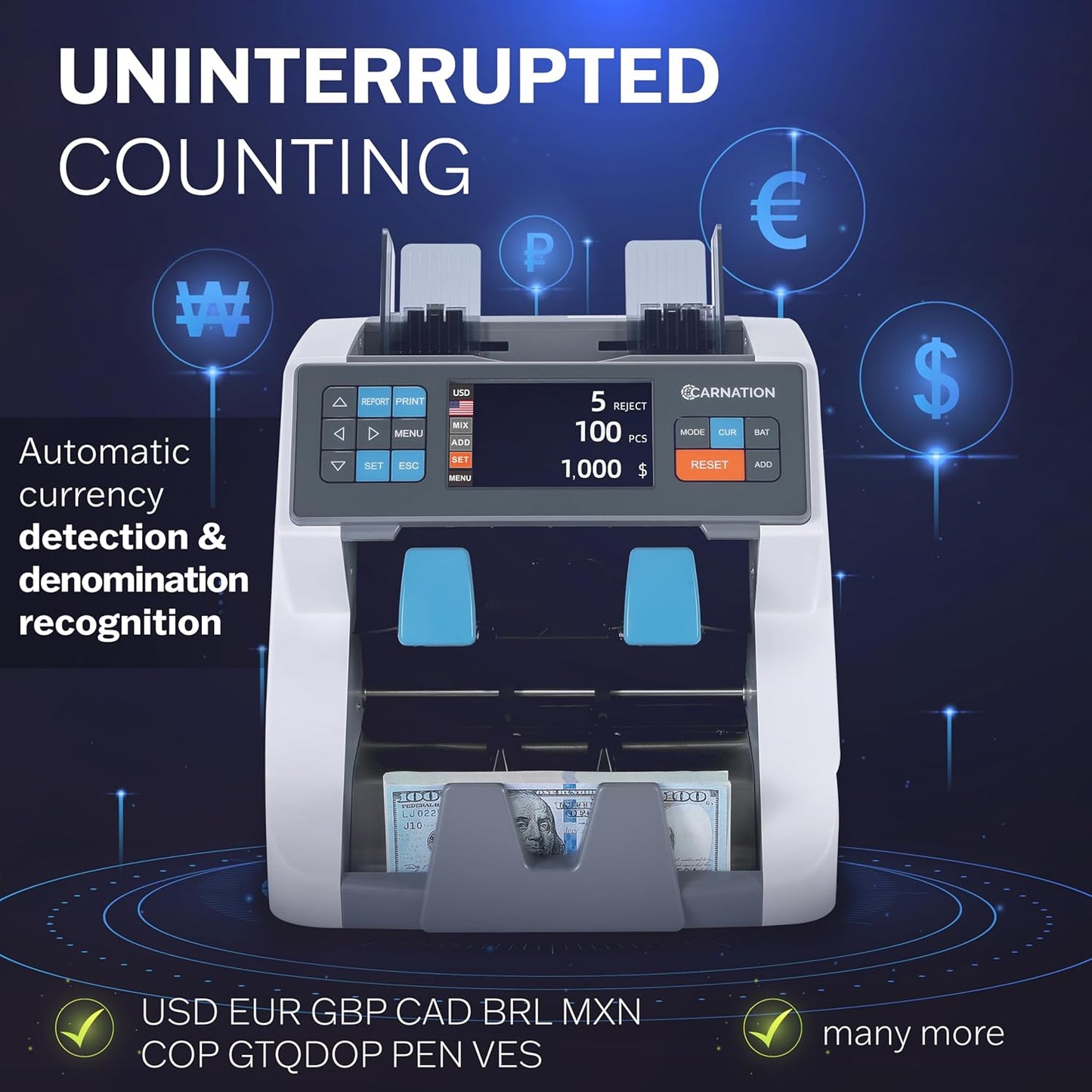 Carnation CR8 Mixed Denomination Money Sorter with Built-in Printer – Bank-Grade Bill Counter with Counterfeit Detection, Serial Number Tracking, Multi-Currency Support & 2 CIS Sensors