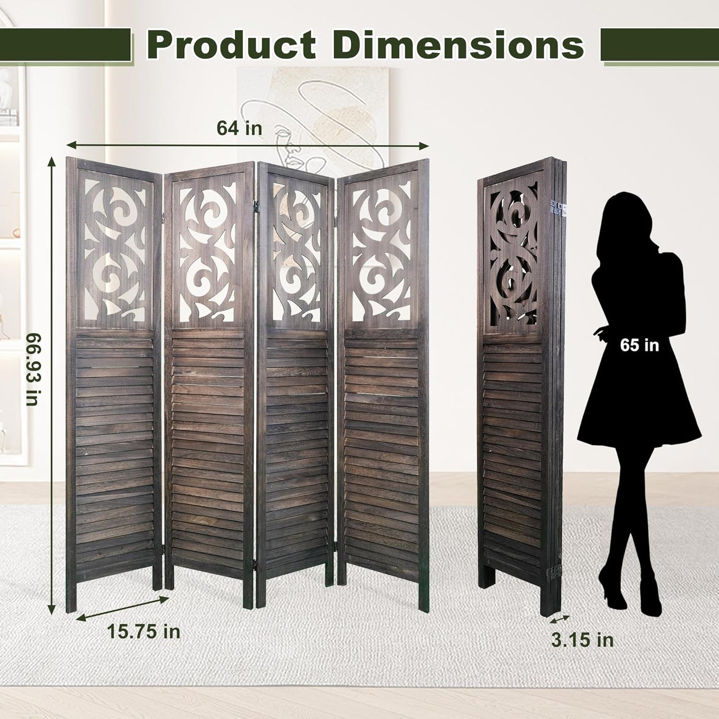 NicBex 4 Panel Room Divider,5.6FT Wood Carved Room Dividers,Folding Privacy Screens Portable Freestanding Partition Wall Dividers for Room Separation,Home Bedroom Office,Rustic Brown
