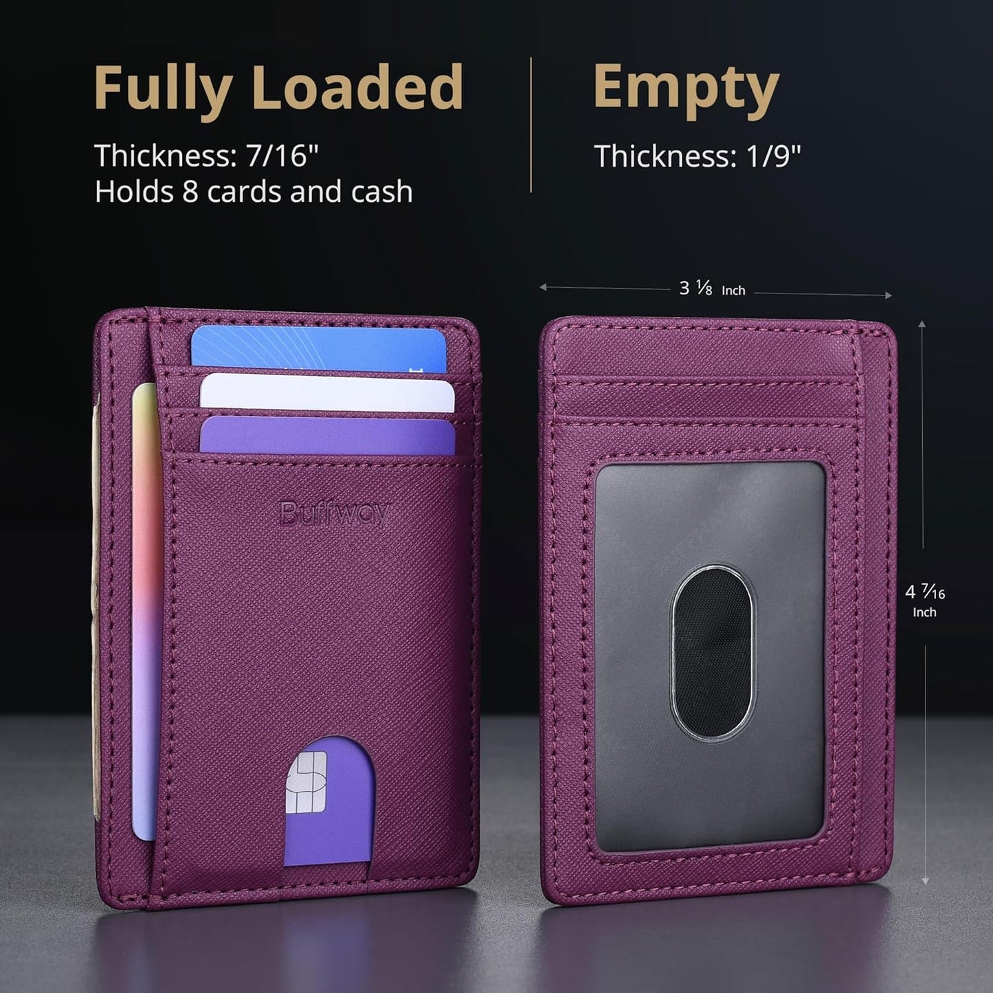 Buffway Slim Minimalist Front Pocket RFID Blocking Leather Wallets for Men and Women - Cross Purple