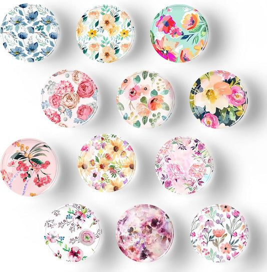 12Pcs Glass Strong Magnetic Refrigerator Magnet Fridge Sticker,Colorful Flowers Crystal Fridge Magnets Decoration for Crafts,Fridge Magnets for Kitchen, Office Whiteboard, Cabinet and Dishwasher