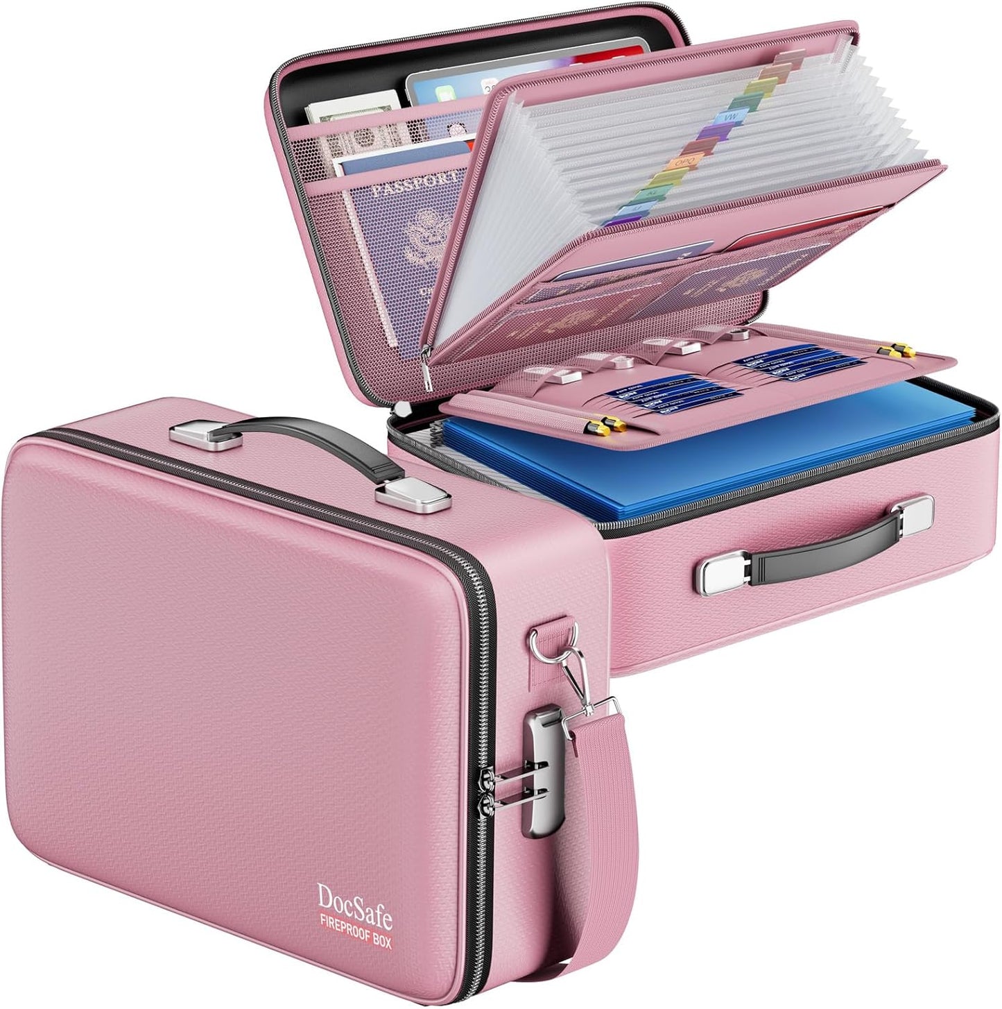 DocSafe Fireproof Document Box with Lock＆Shoulder Strap,Hard Case File Organizer with Accordion File Folder,Multi-Layer Portable Home Office Travel Safe Storage for Important Documents Laptop Pink