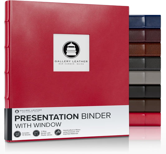 Gallery Leather 3 Ring Binder with Plastic Sleeves, Includes 10 Sheets, Sheet Size: 8.5" x 11" - Presentation Binder Rings with Window and Hubbed Spine, Thick: 0.75" Camden Red