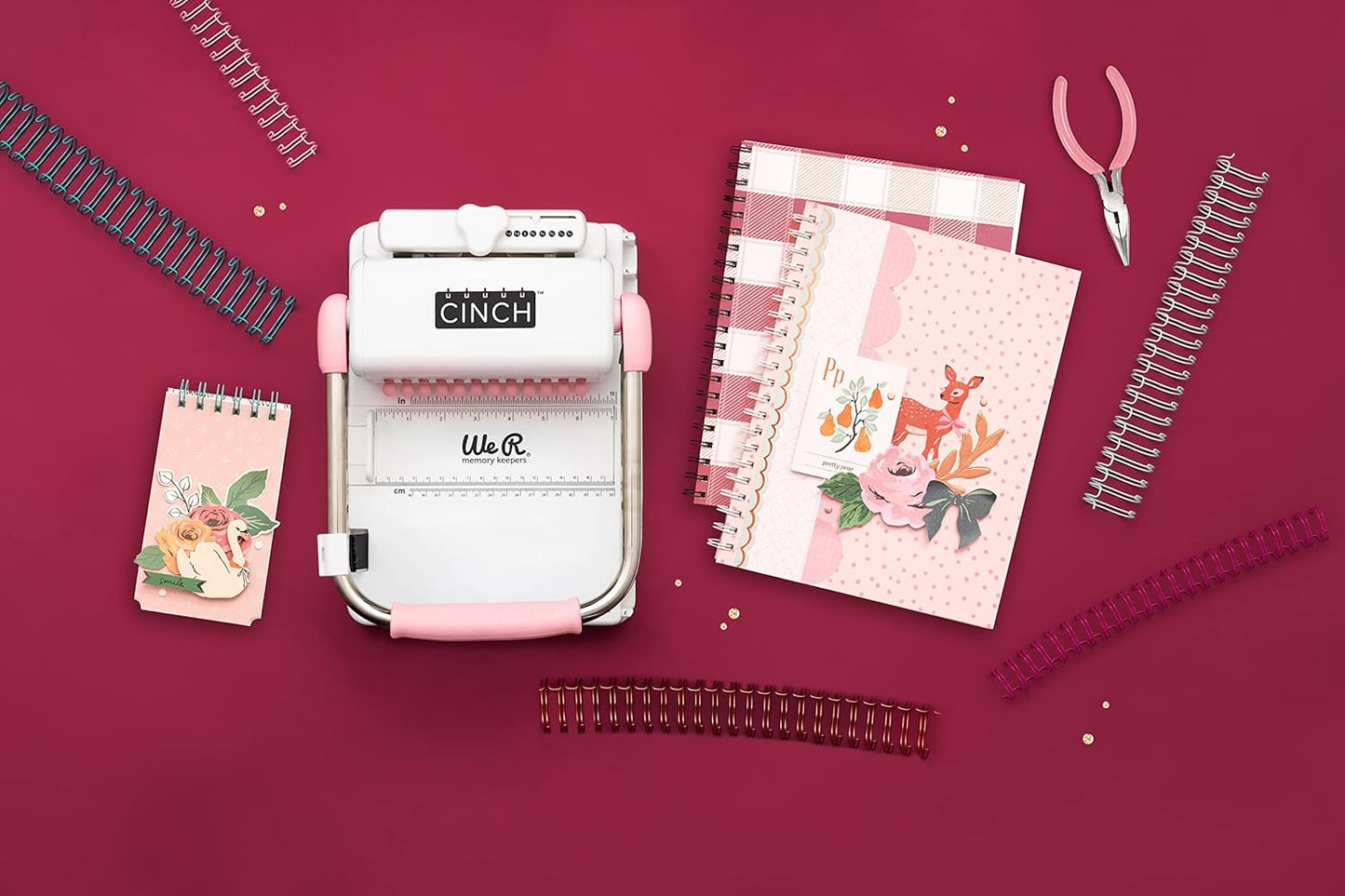 We R Memory Keepers, Cinch Book Binding Machine 2, Pink/White, Easy to Use Design with Slide Ruler, Compatible with Wire or Spiral Coils, Make Professional Books, Notebooks, Calendars and More