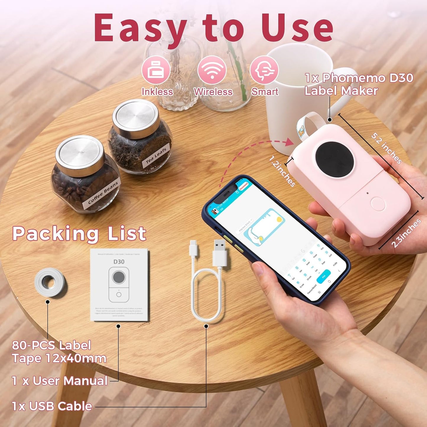 Phomemo Label Maker Machine, D30 Portable Handheld Bluetooth Mini Label Printer, Multiple Templates Smartphone Thermal Small Label Maker for Kids School Items, Classroom Teacher Supplies, Easy to Use