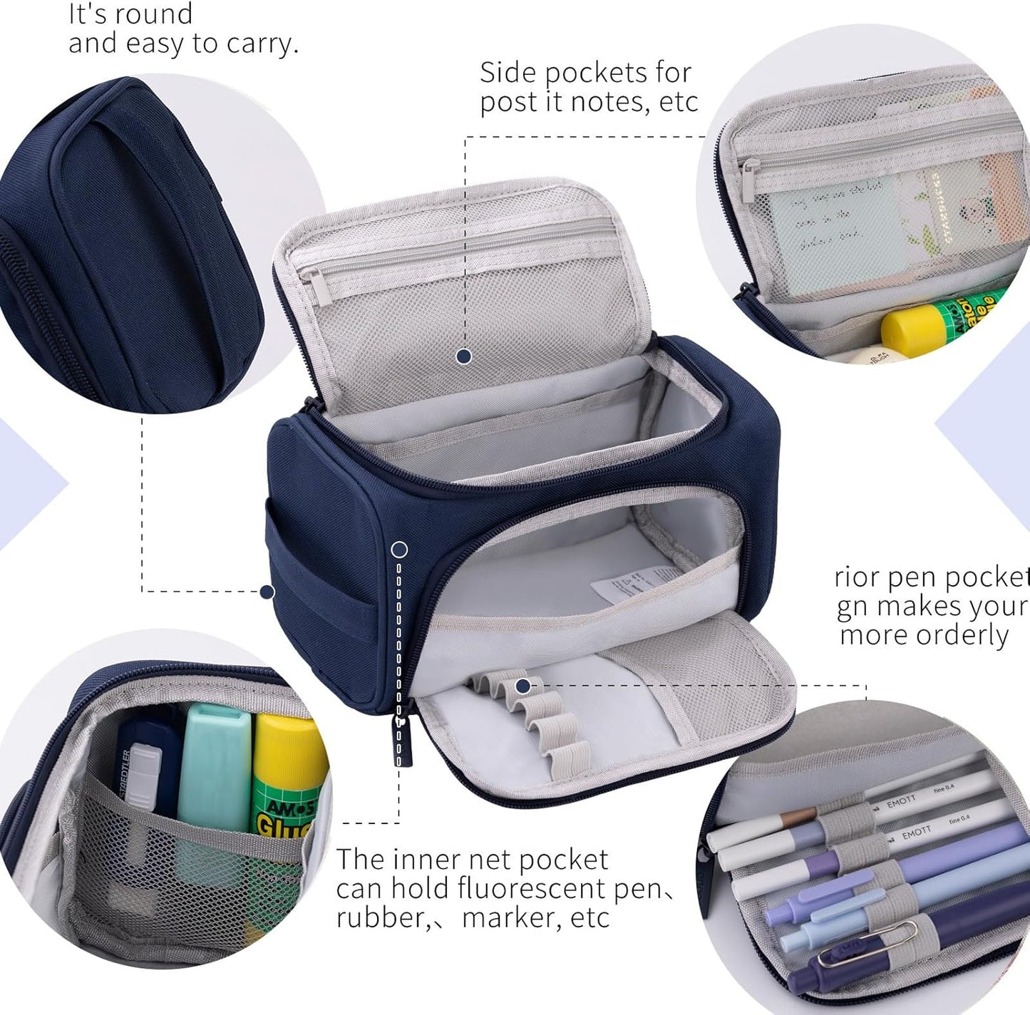 HVOMO Big Capacity Pencil Case High Large Storage Pouch Marker Pen Case Travel Simple Stationery Bag School College Office Organizer for Teens Girls Adults Student（Blue）