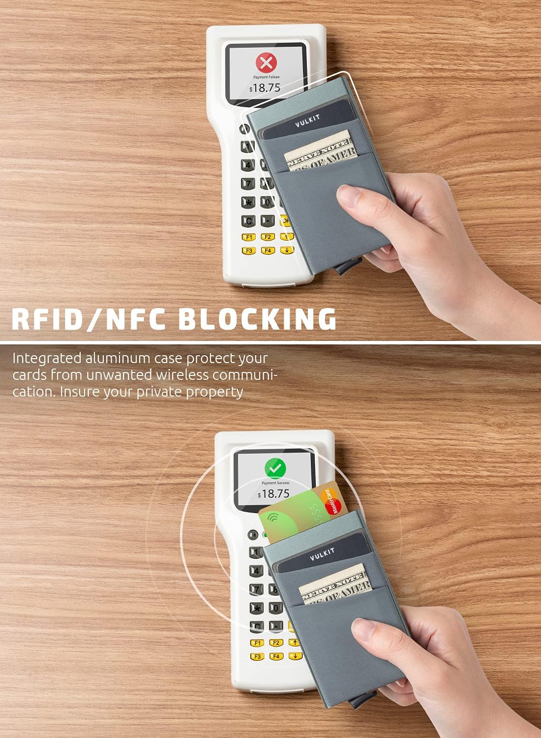 VULKIT Card Holder with Money Pocket Pop Up Wallet RFID Blocking Slim Metal Bank Card Case Holds 5 Cards and Notes