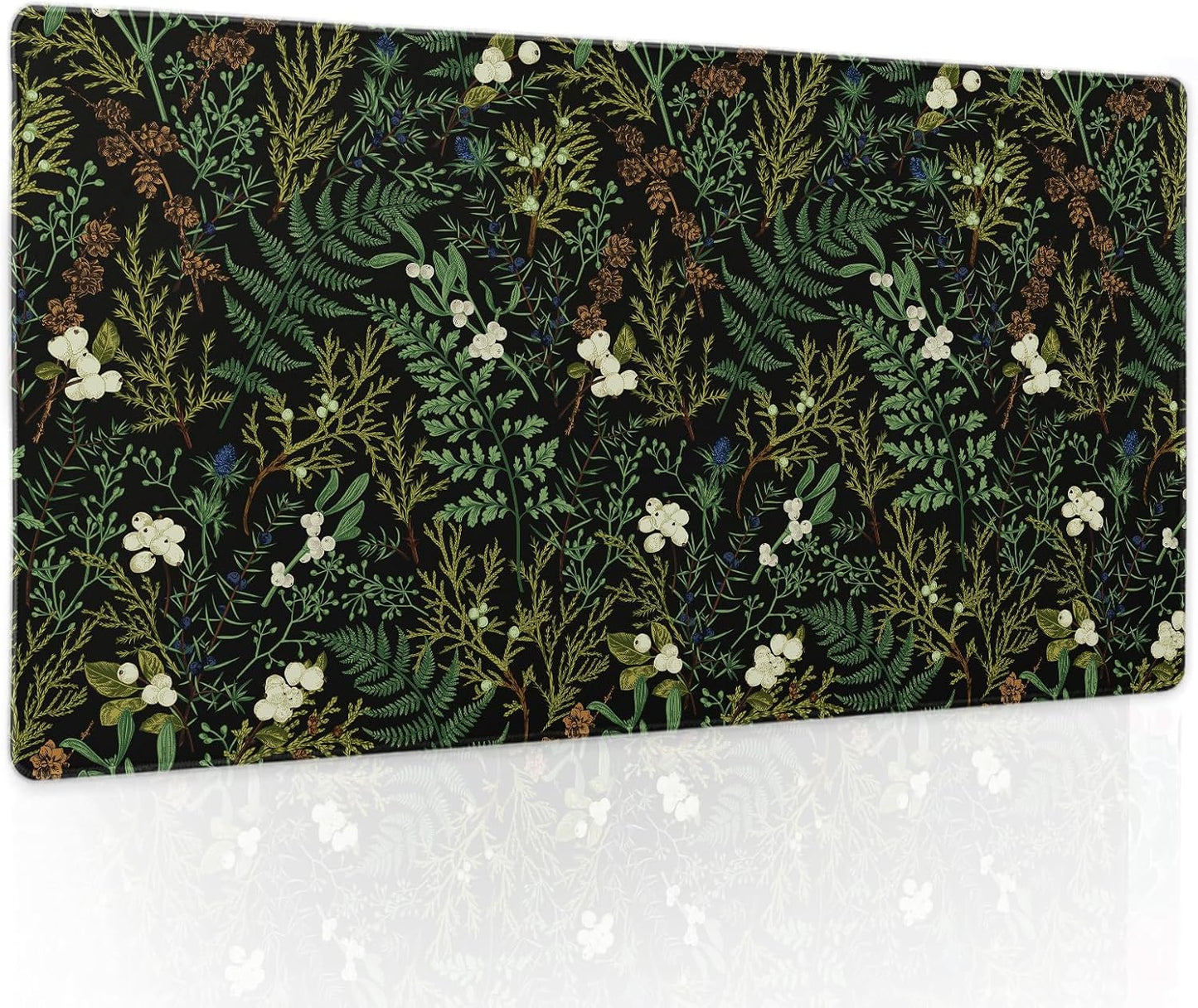Black Aesthetic Vintage Botanical Gaming Mouse Pad Large XL Cute Forest Green Plant Nature Floral Extended Large Big Mousepad Non-Slip Stitched Edge Long Mat for Desk Computer,24x14 Inch,60x35 CM