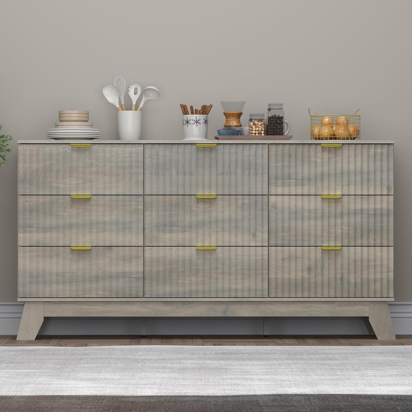 Fluted 9 Drawer Dresser, 57.1" Wide Modern Boho Chest of Drawers, Wooden Storage Dresser TV Stand for Bedroom, Living Room, Closet, Hallway, Curved Profile Design