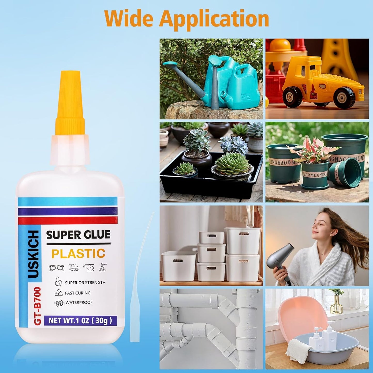 Super Glue for Plastic with Anti Clog Cap. 6 x 1 fl oz,Plastic Glue- Adhesive CA Glue for Model and Miniature,Suitable for PLA, ABS,PVC,3D Printing,Toys,Legos.Heavy Duty Model Repair Kit, Quick Dry
