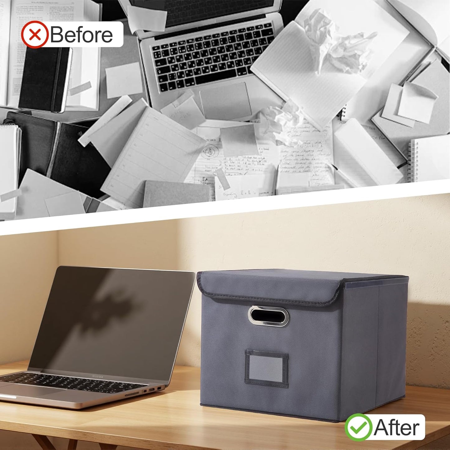 File Organizer Box, Linen Filing Organizer with Lid, Large Desktop File Boxes,Dark Grey,2 Pack