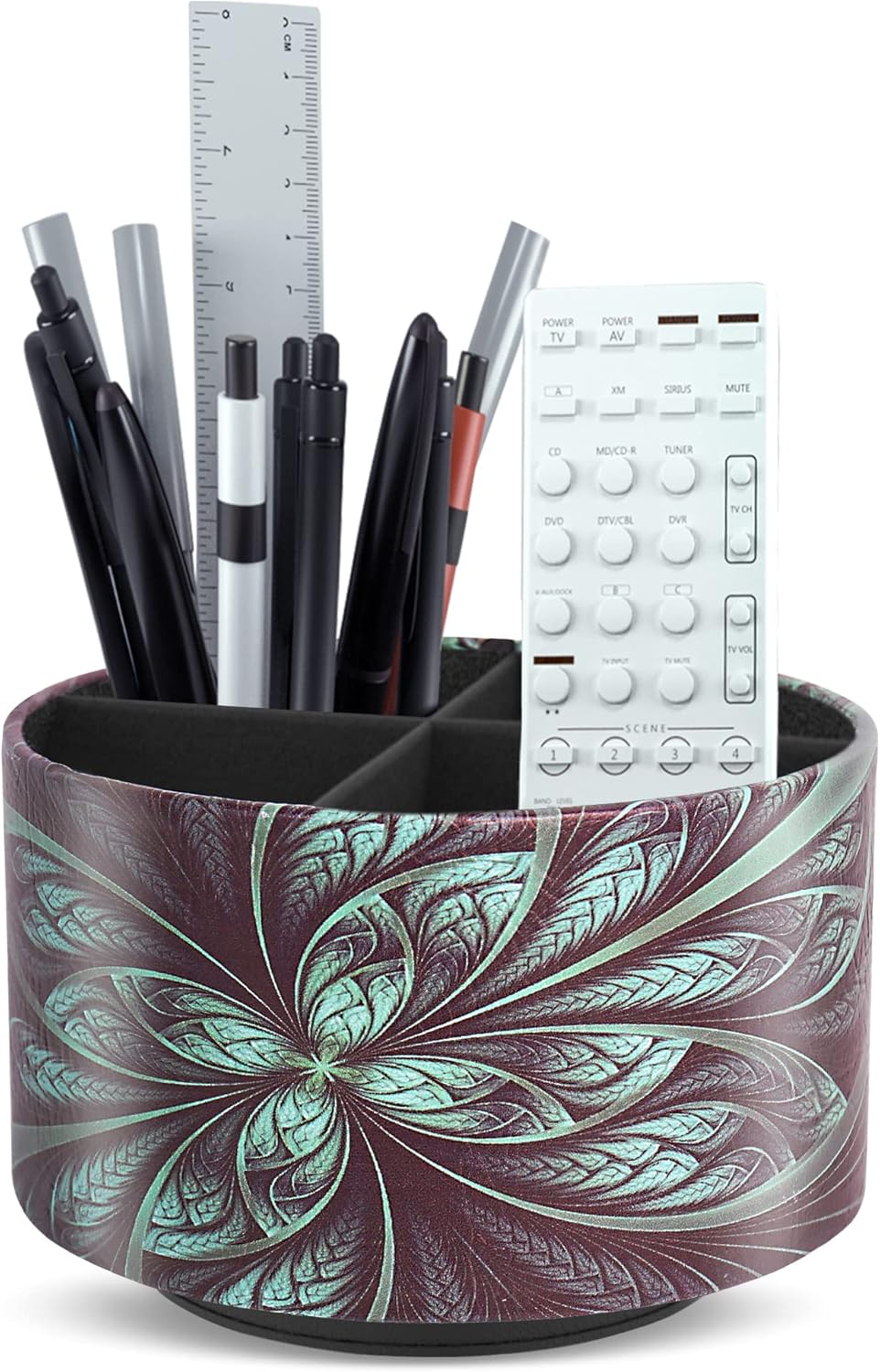 lizimandu Round Leather Art Supply Organizer,Remote Control Holder,360 Degree Rotating,Multi-Functional Pencil Holder,4 Compartments Desktop Stationary Organizer(1-Green Flower)