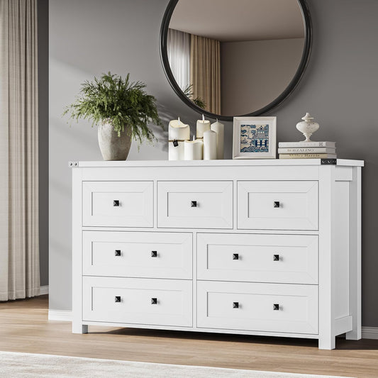 7-Drawer Dresser, Modern Wooden Storage Chest of Drawers, Dresser TV Stand, Wood Drawer Organizer with Metal Handles for Bedroom, Living Room, Hallway