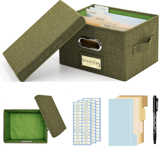 Greeting Card Organizer and Storage Box with 20 Pcs Adjustable Dividers, Storing Cards with 84 Pcs Labels Perfect for Storing Greeting Cards, Envelopes, Photos 1 Pack Olive Green