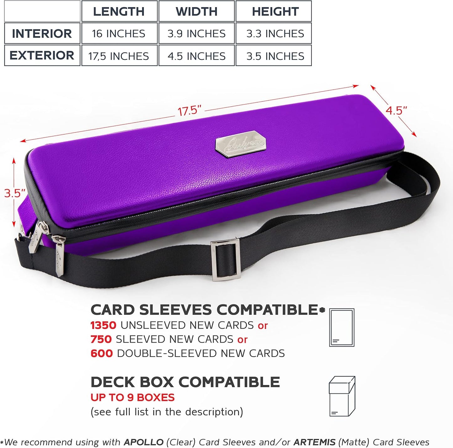 Quiver Time Purple Quiver Card Carrying Case - TCG Cards Deck Box Holder for Trading Cards, MTG Bag Playing Card Case (+Wrist & Shoulder Strap, Dividers, Separators, Corner Pads + 100 Apollo Sleeves)