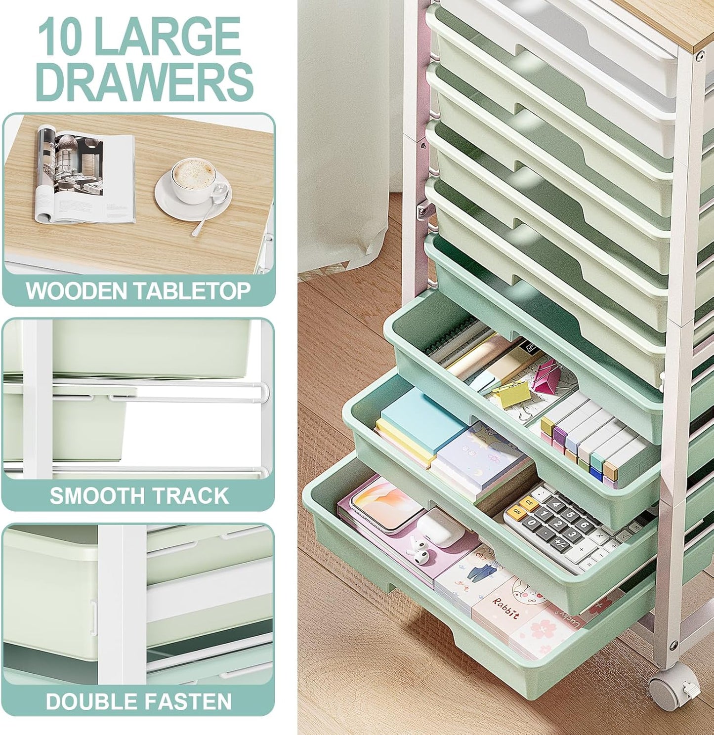 Rolling Cart with Drawers,10 Drawer Rolling Cart,Storage Cart,Utility Cart,Teacher Cart for Classroom Storage,Craft Cart with Wheels and Wooden Tabletop,Green