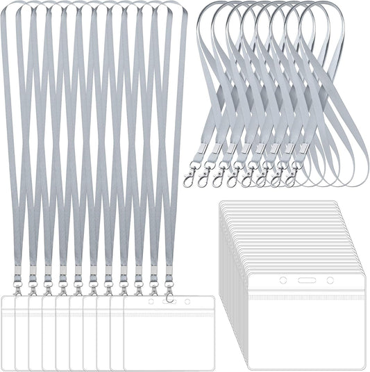 100 Pack Lanyards for ID Badges with Clear Name Tags, Reusable Lanyards Horizontal ID Card Badge Holders Plastic Name Badges for Men Women Kids Business School and Office Supplies (Gray)