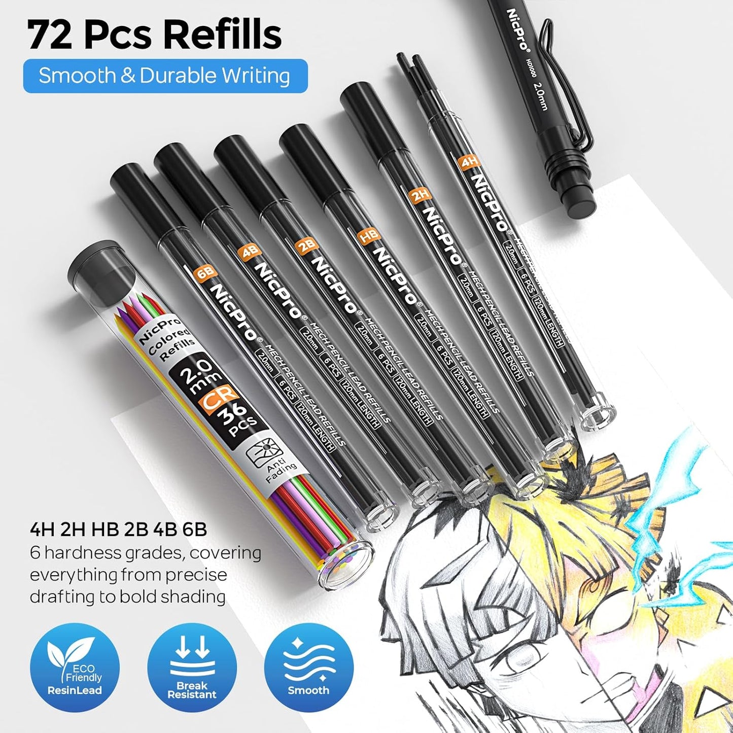 Nicpro 2.0 mm Mechanical Pencil Set, 3PCS Artist Lead Pencil Holder 2mm with 72PCS Lead Refills (4H 2H HB 2B 4B 6B Color) Eraser, Weatherproof Barrel for Outdoor Writing Drafting Drawing Sketching