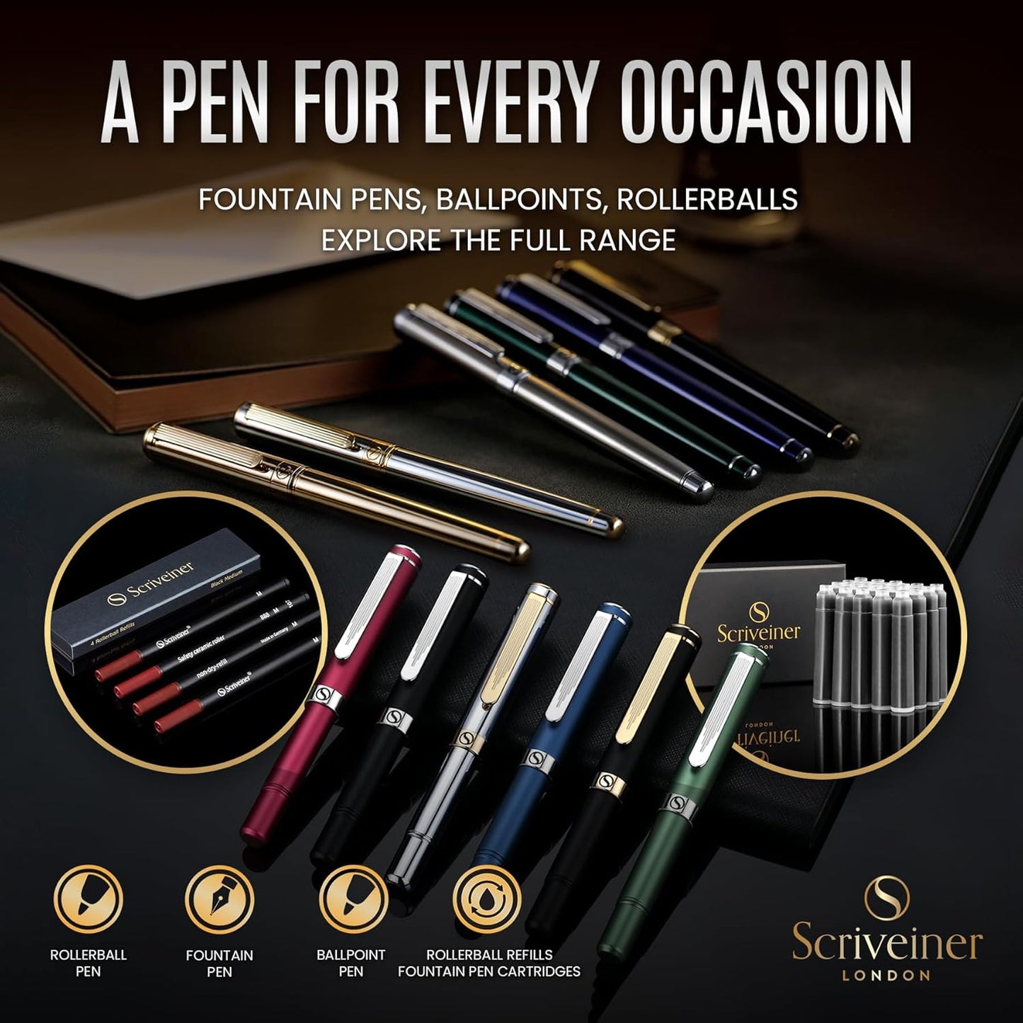 Scriveiner Black Green Fountain Pen - Stunning Luxury Pen with Chrome Finish, Schmidt Nib (Fine), Best Pen Gift Set for Men & Women, Professional, Executive, Office, Nice Pens