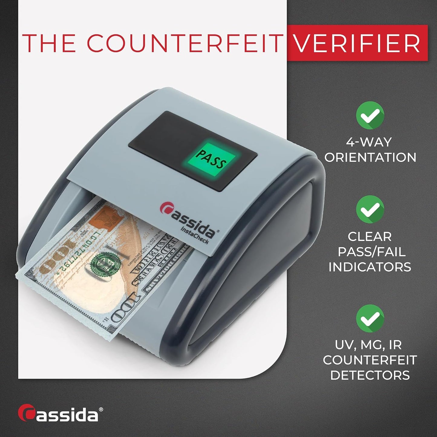 Cassida InstaCheck Small Footprint, Easy to Read Automatic Counterfeit Detector with Infrared, Magnetic and Ultraviolet Sensors, Compact and Lightweight Grey 11-3/4" x 9-1/2"