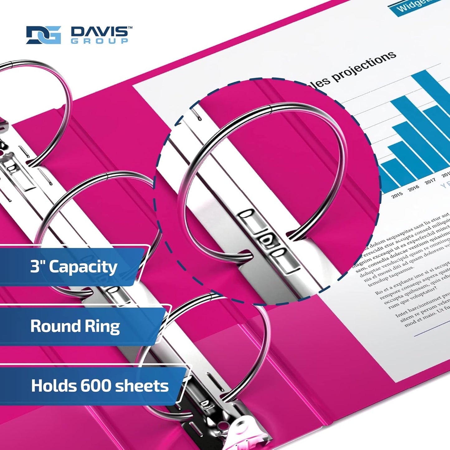 Easyview Premium 3-Ring Binders with Clear-View Covers and Round Rings, Binders for School or Office, 3 Inch, Pack of 6, Pink