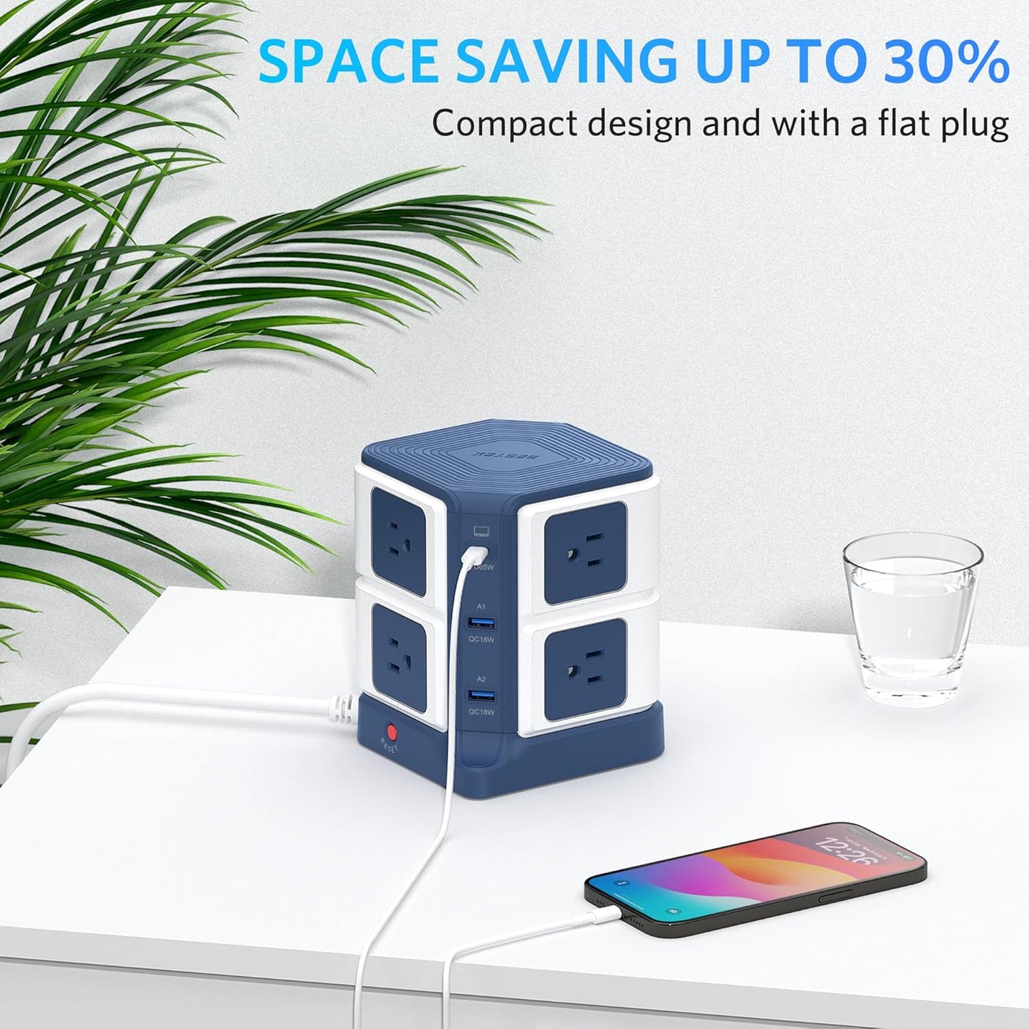 BESTEK PD 65W USB Power Strip Tower Surge Protector, Desktop Charging Station with 8-Outlet Widely Spaced AC Outlets with 2 USB-A USB-C PD3.0 Ports, 4.9ft Heavy-Duty Extension Cord for Home Office