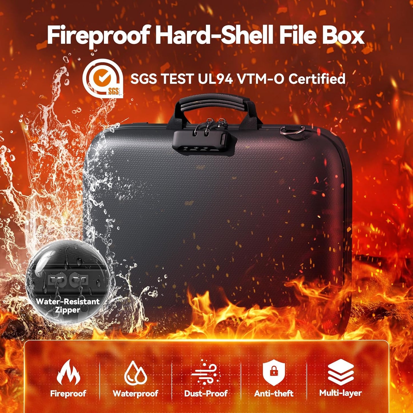 Nacial Fireproof Document Box with Lock & Shoulder Strap, Hard-Shell Fireproof File Organizer with 13 Pocket Accordion File Folder, Portable Safe Storage for Important Documents, Laptop, Black