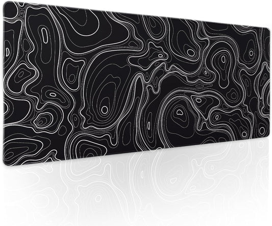 Topographic Map Black Gaming Mouse Pad XL Minimalist Topo Geographic White Lines Extended Large Mat Mousepad Desk Pad Non-Slip Rubber Base Stitched Edge Long Keyboard Pad for Computer,31.5×11.8 in