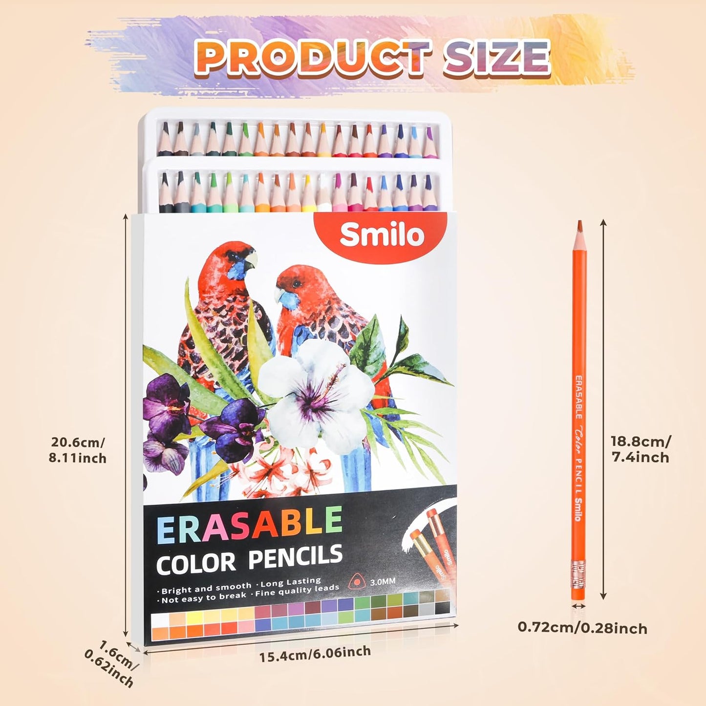 Smilo 36-Count Erasable Colored Pencils with Erasers - Vibrant & Smooth Colors for Drawing, Coloring Books, School Art Projects - Premium Art Supplies for Kids, Adults & DIY Crafts