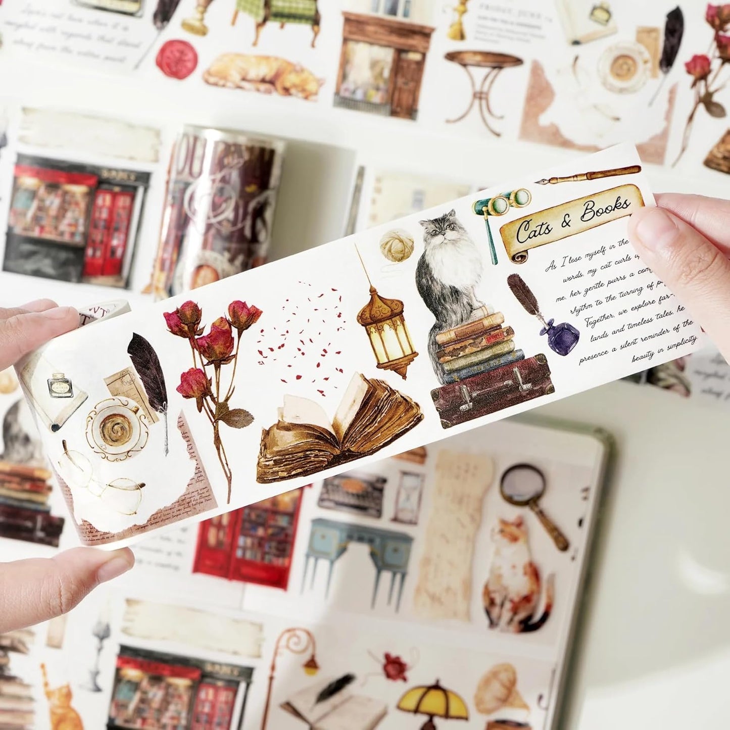 WT Pre-Cut Cats and Books Wide Washi Tape, One Roll 5 Meters, Decorative Cute Washi Tape for Bible Journaling, Bullet Journal Supplies,Scrapbooking Supplies,Planners, Party Decorations