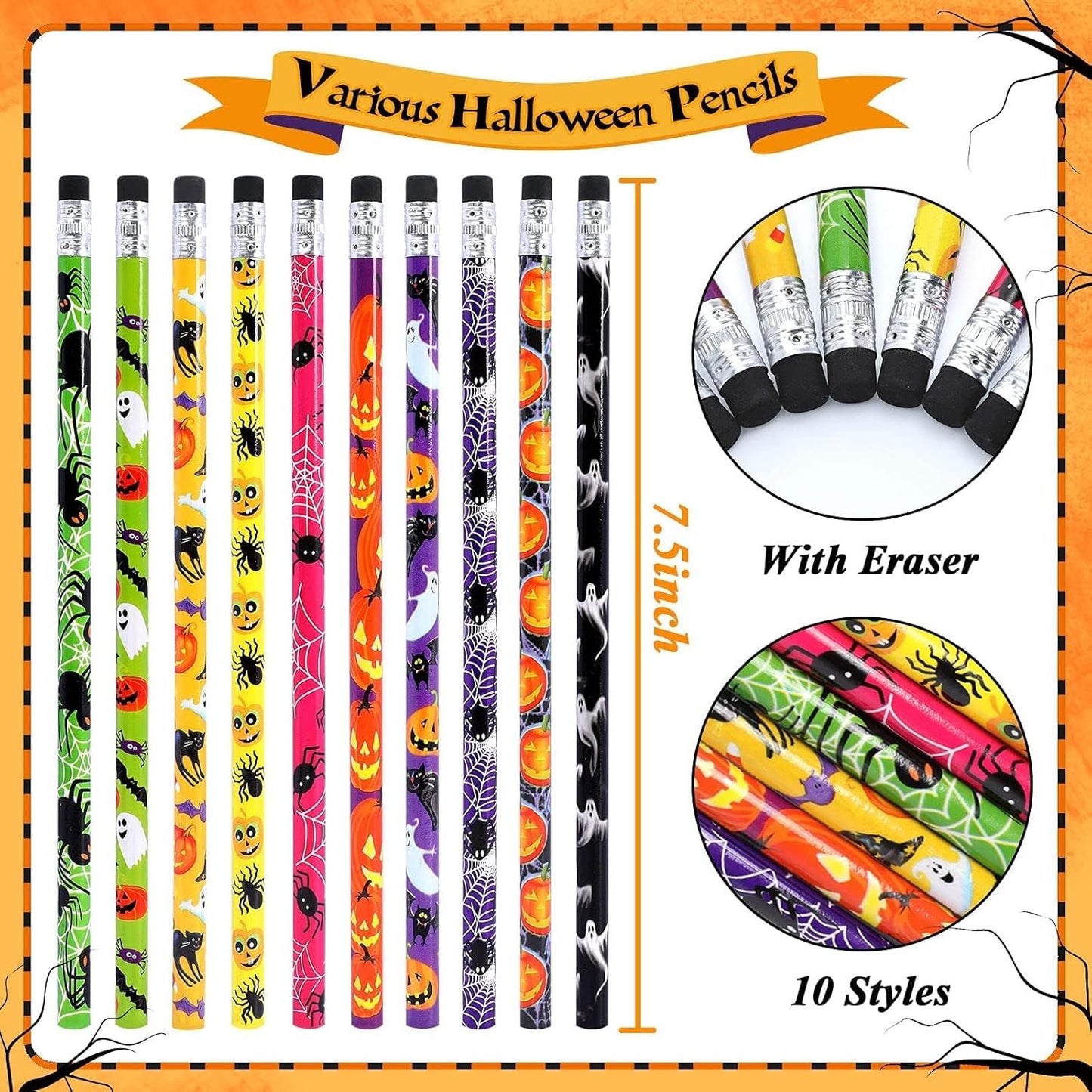 50Pcs Halloween Pencils Kids Colored Pencils with Erasers Assorted Pattern Pencils for Halloween Gifts Party Favors Trick or Treat Halloween Goodies Bags Filler Classroom Rewards for Child Adult