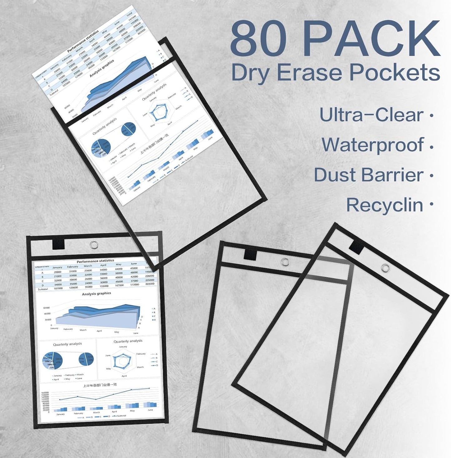 80 Pack Dry Erase Pockets, Black 14 x 10 Inch Reusable Job Ticket Holders Work Order Plastic Sleeves Shop Ticket Folder Dry Erase Sheet Protectors for Teacher Classroom Office Organization